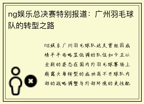ng娱乐总决赛特别报道：广州羽毛球队的转型之路